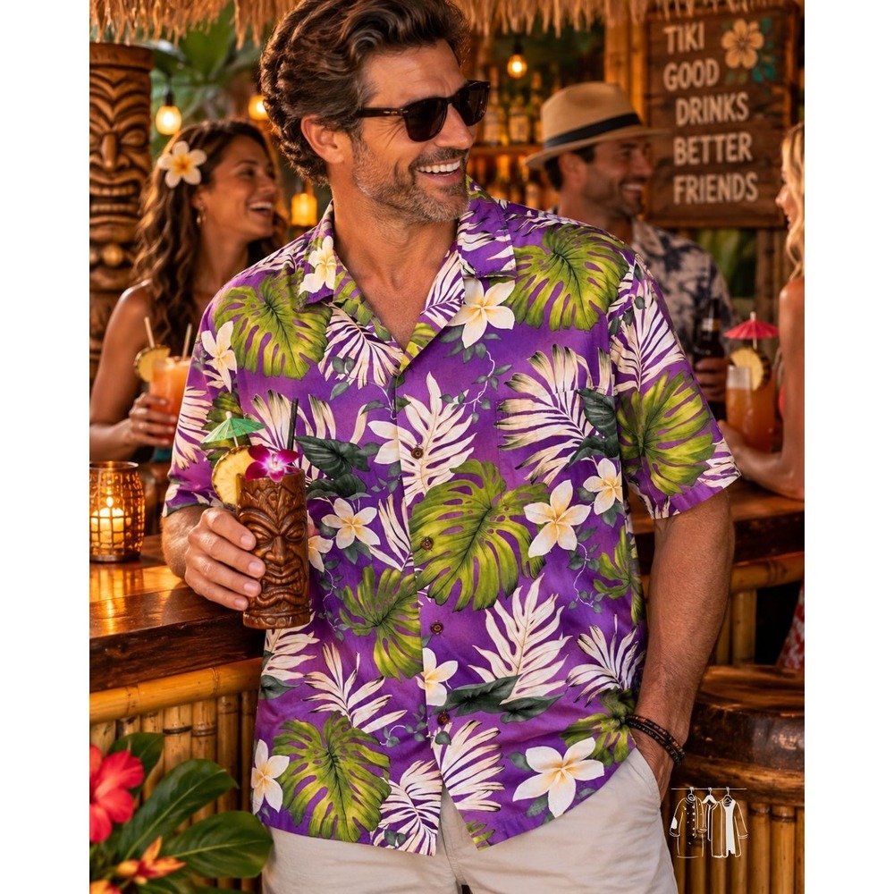 Pacific Legend Hawaiian Shirt Mens XL Purple Excellent Vintage Monstera Floral